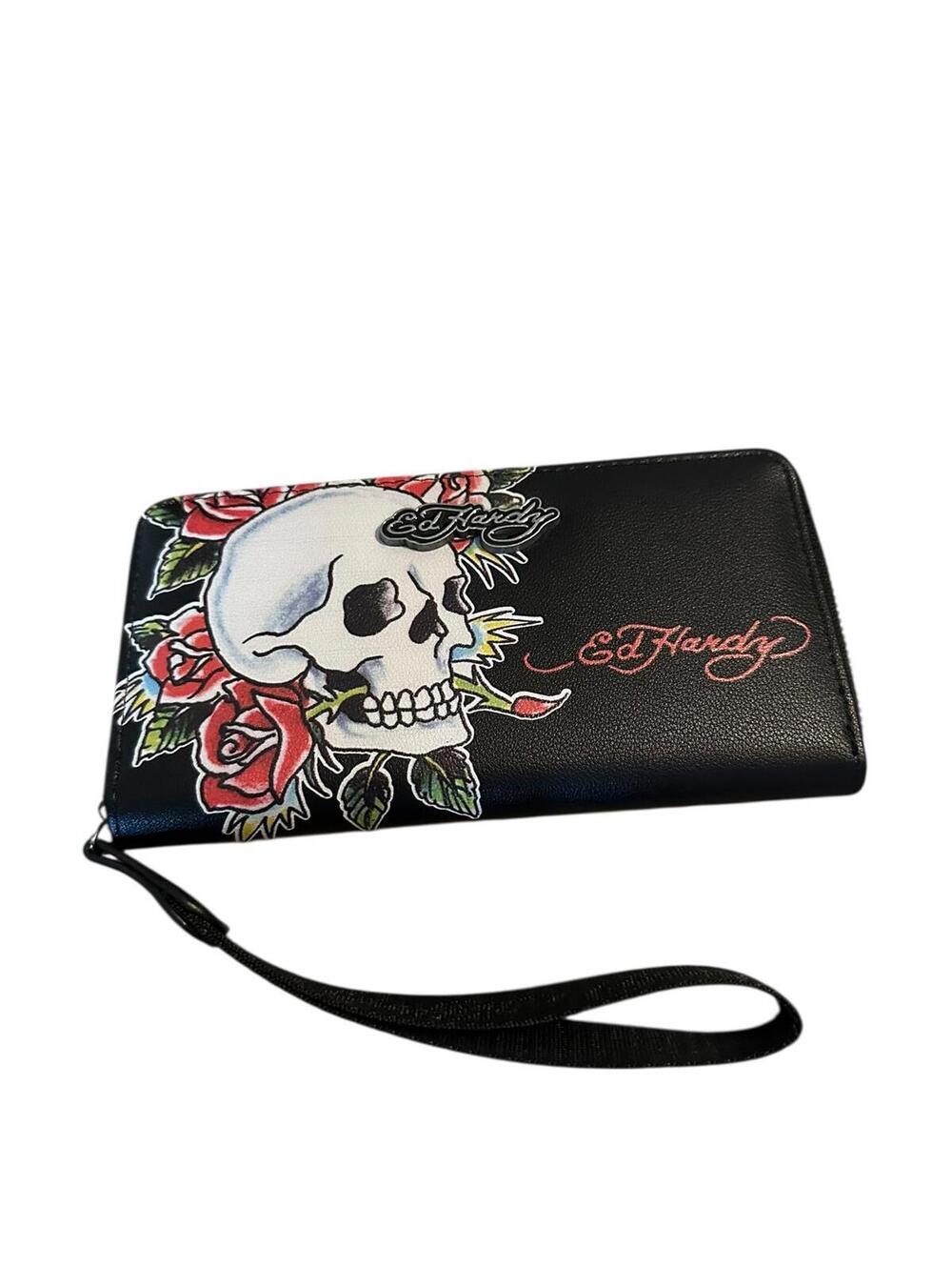 Ed Hardy Black Leather Wristlet with Skull and Roses Design